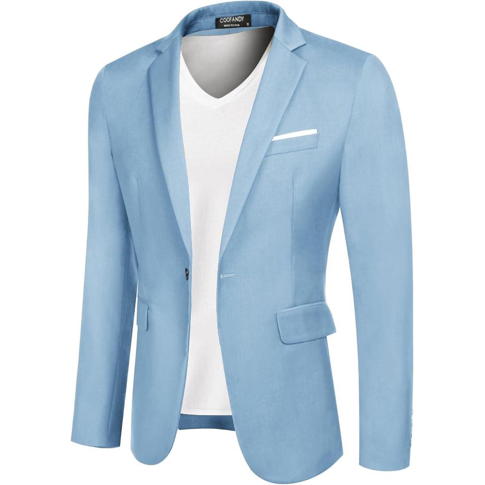 imageCOOFANDY Mens Casual Blazer Slim Fit Sport Coats One Button Business Suit JacketLight Blue