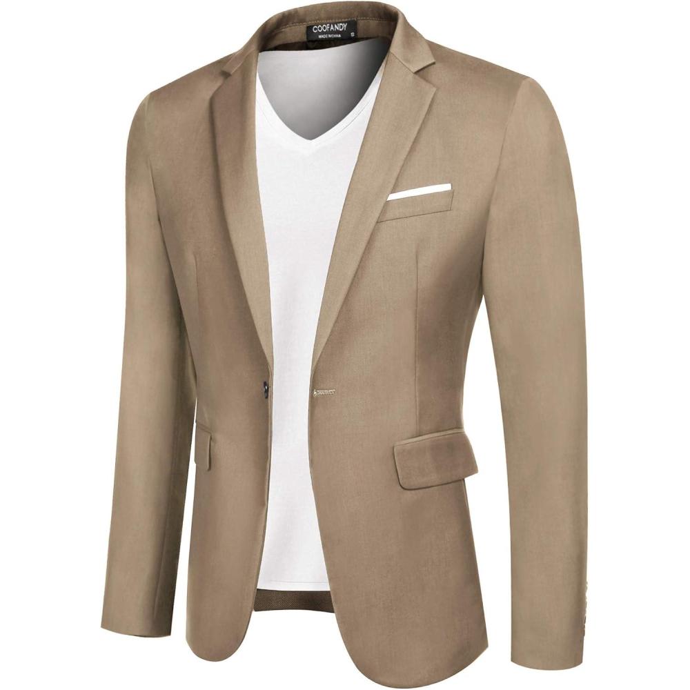 imageCOOFANDY Mens Casual Blazer Slim Fit Sport Coats One Button Business Suit JacketLight Khaki