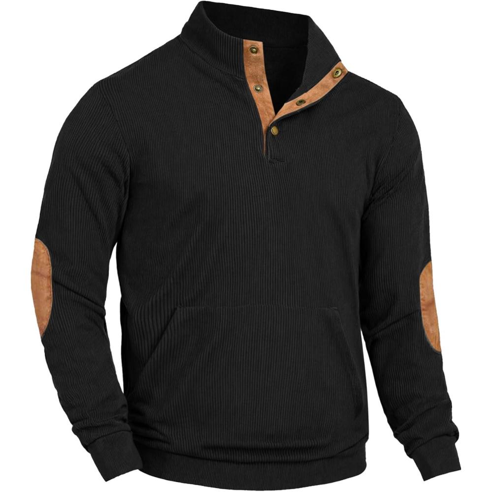 imageCOOFANDY Mens Corduroy Sweatshirt Long Sleeve Pullover Quarter Button Fall Sweat ShirtsBlack