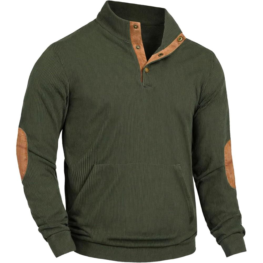 imageCOOFANDY Mens Corduroy Sweatshirt Long Sleeve Pullover Quarter Button Fall Sweat ShirtsDark Army Green