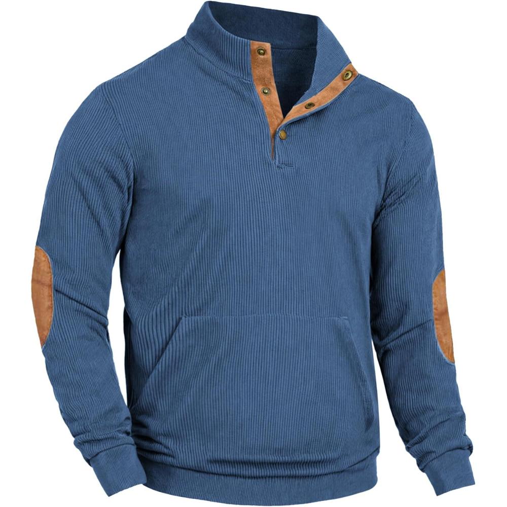 imageCOOFANDY Mens Corduroy Sweatshirt Long Sleeve Pullover Quarter Button Fall Sweat ShirtsGrey Blue