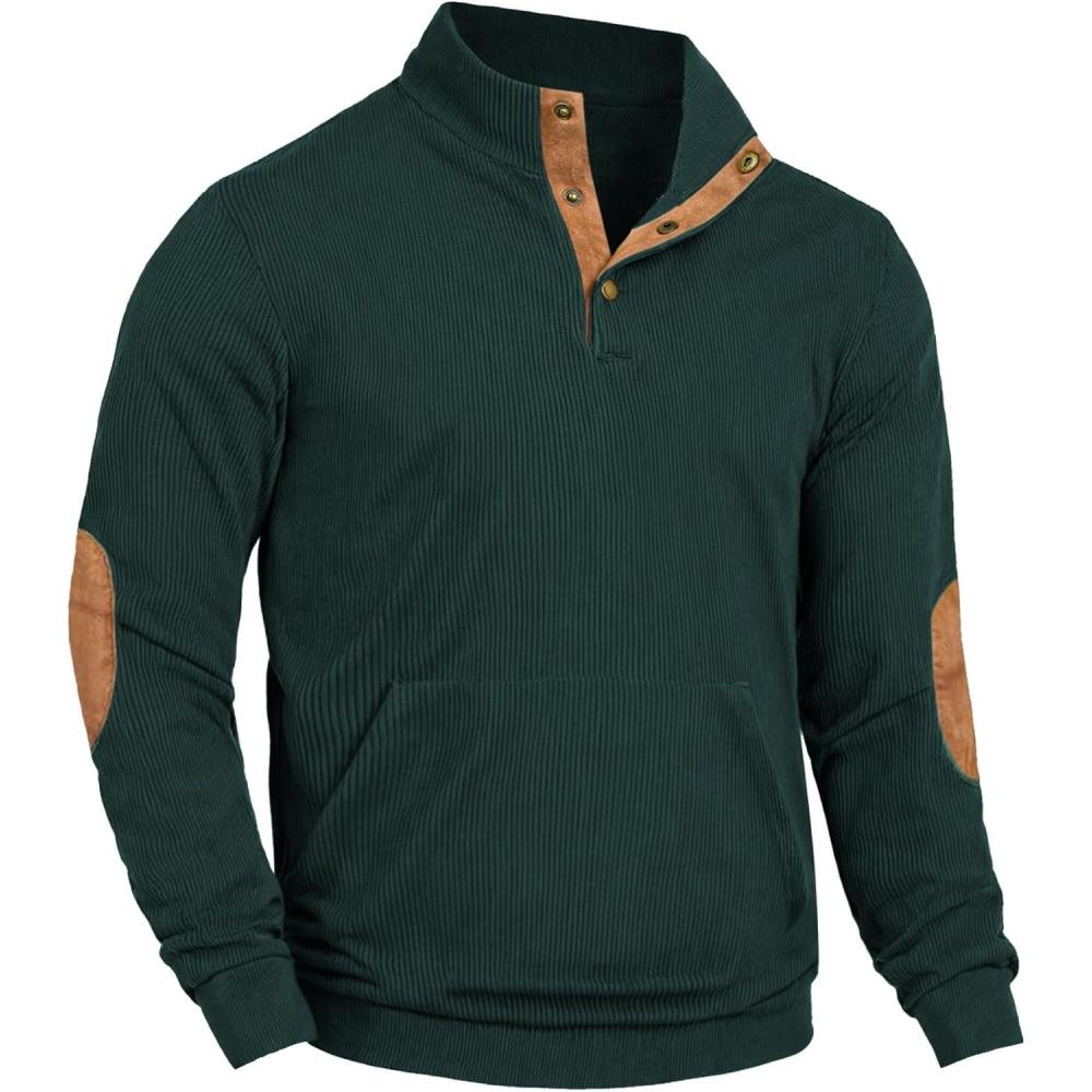 imageCOOFANDY Mens Corduroy Sweatshirt Long Sleeve Pullover Quarter Button Fall Sweat ShirtsLake Green