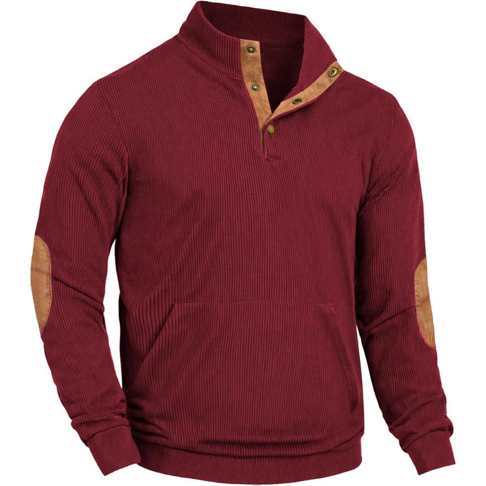 imageCOOFANDY Mens Corduroy Sweatshirt Long Sleeve Pullover Quarter Button Fall Sweat ShirtsWine Red