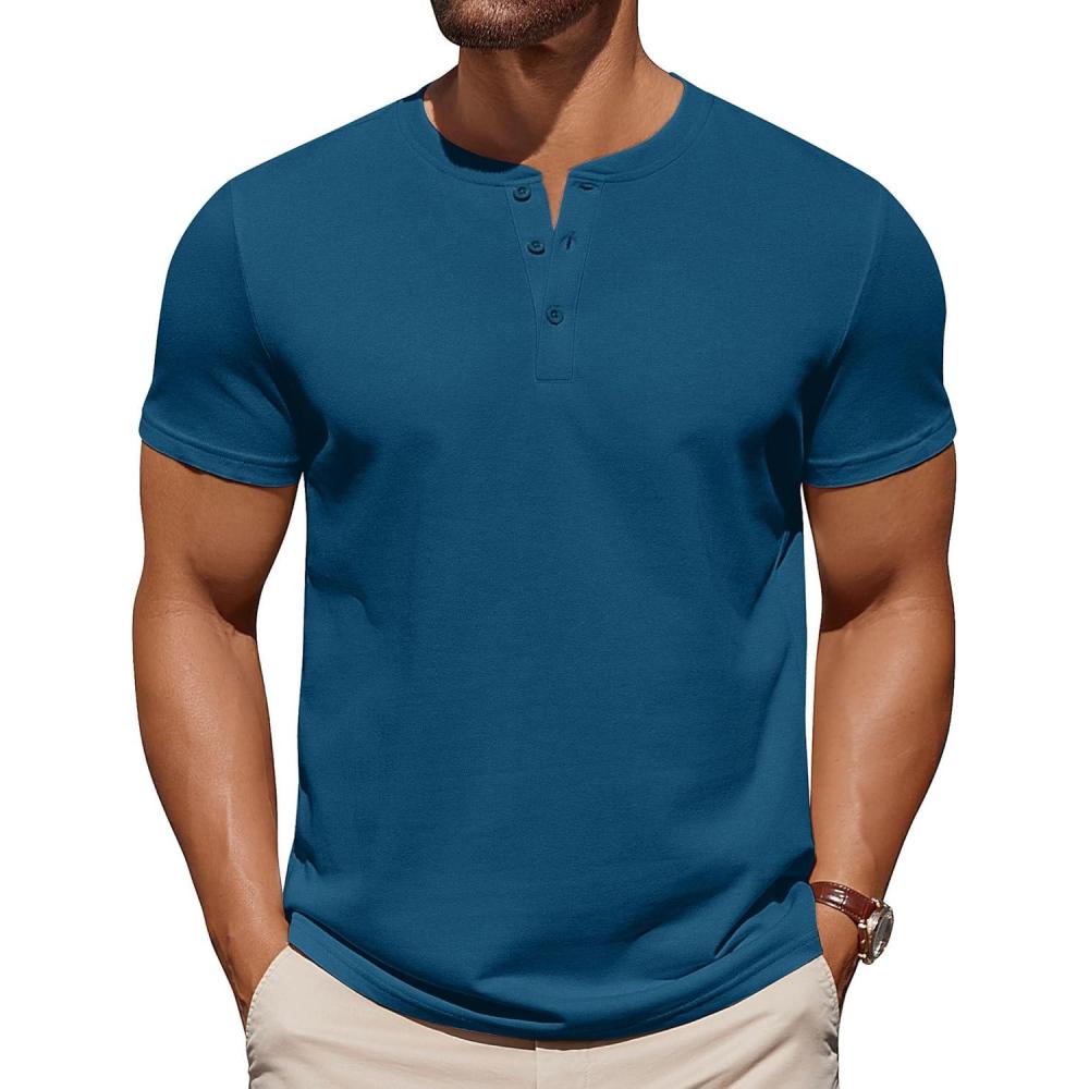 imageCOOFANDY Mens Cotton Henley TShirts Short Sleeve Button Casual Basic Tees Work Shirts with Split SideDenim Blue
