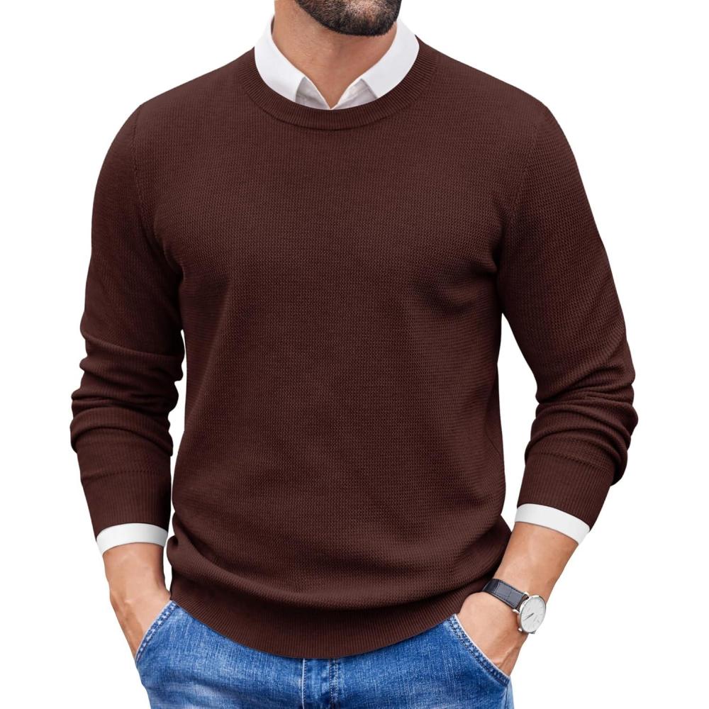 imageCOOFANDY Mens Crewneck Sweater Dress Long Sleeve Pullover Sweater Knit Lightweight SweatersBrown