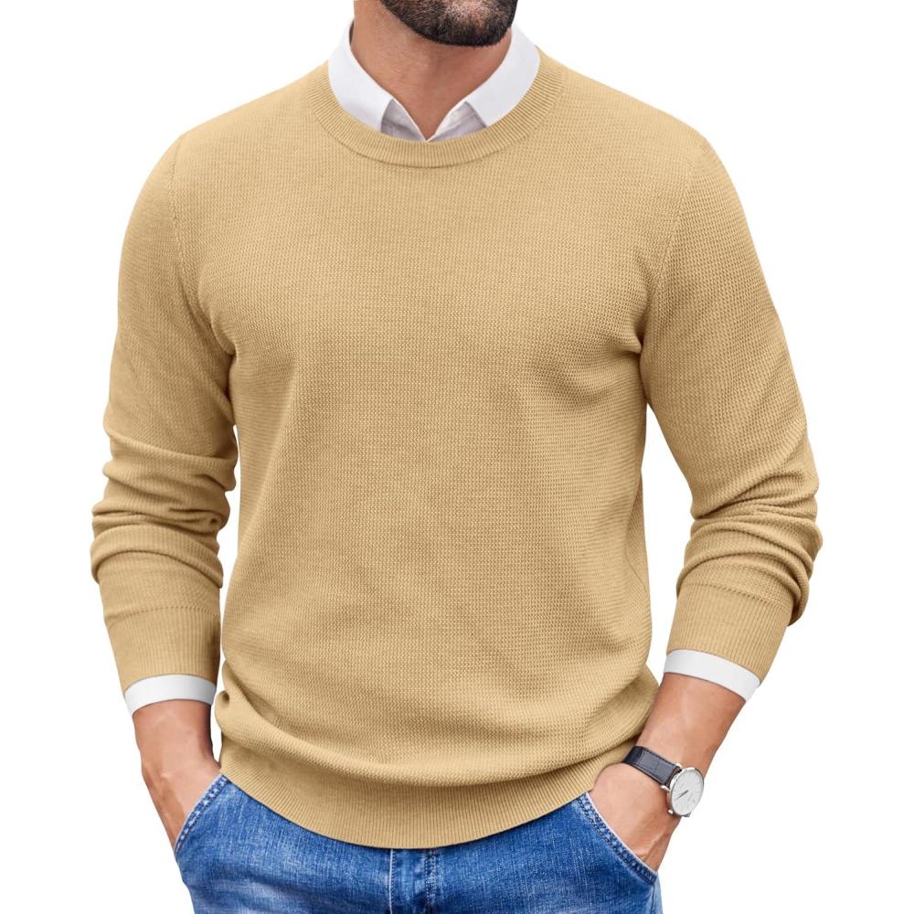 imageCOOFANDY Mens Crewneck Sweater Dress Long Sleeve Pullover Sweater Knit Lightweight SweatersKhaki