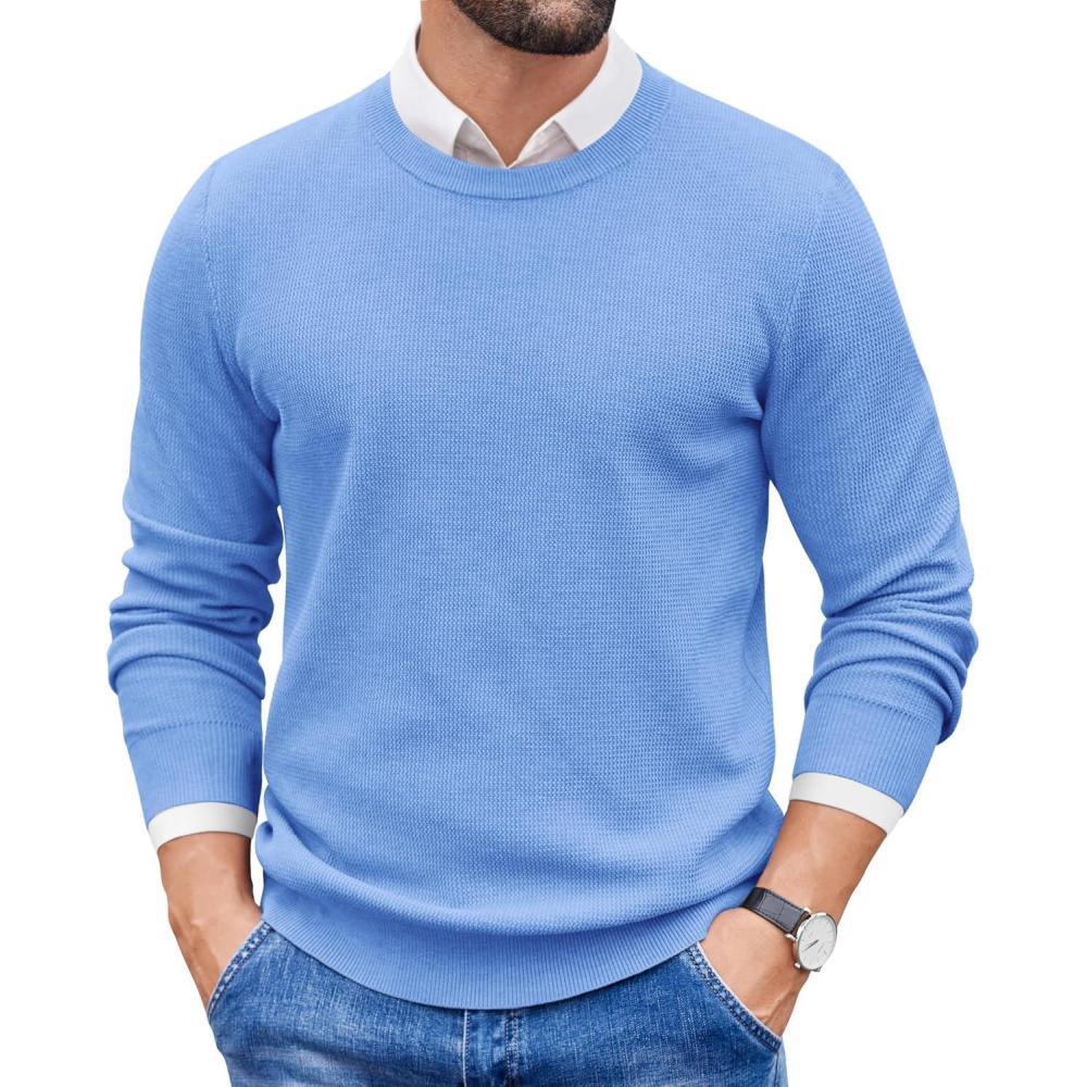 imageCOOFANDY Mens Crewneck Sweater Dress Long Sleeve Pullover Sweater Knit Lightweight SweatersLight Blue