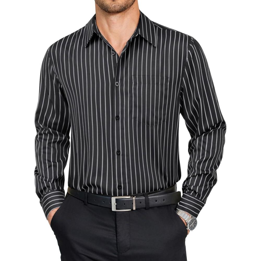 imageCOOFANDY Mens Dress Shirts Long Sleeve Plaid Button Down Shirt Business Casual Stretch Shirts with PocketBlack Stripe