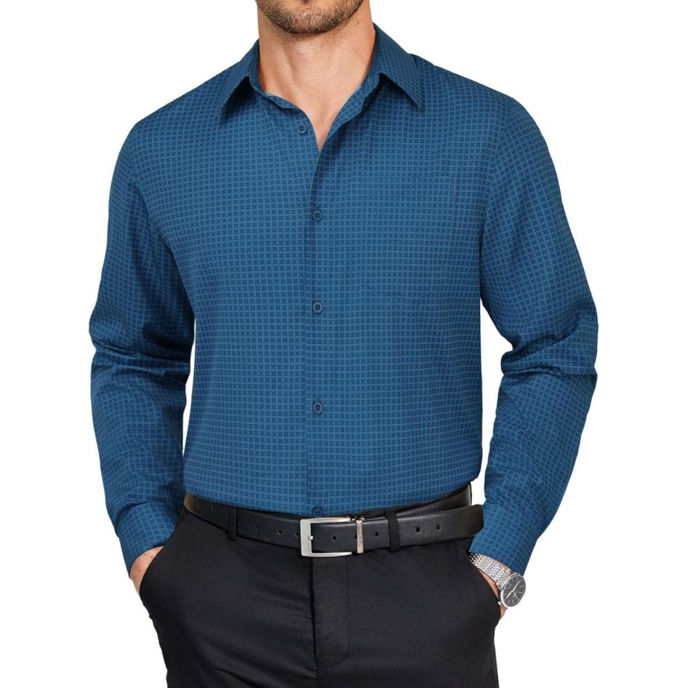 imageCOOFANDY Mens Dress Shirts Long Sleeve Plaid Button Down Shirt Business Casual Stretch Shirts with PocketDark Blue Plaid