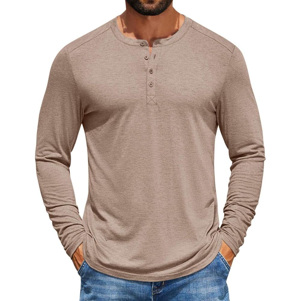 imageCOOFANDY Mens Henley Shirts Long Sleeve TShirt Lightweight Fashion Casual Pullover Tee ShirtKhaki