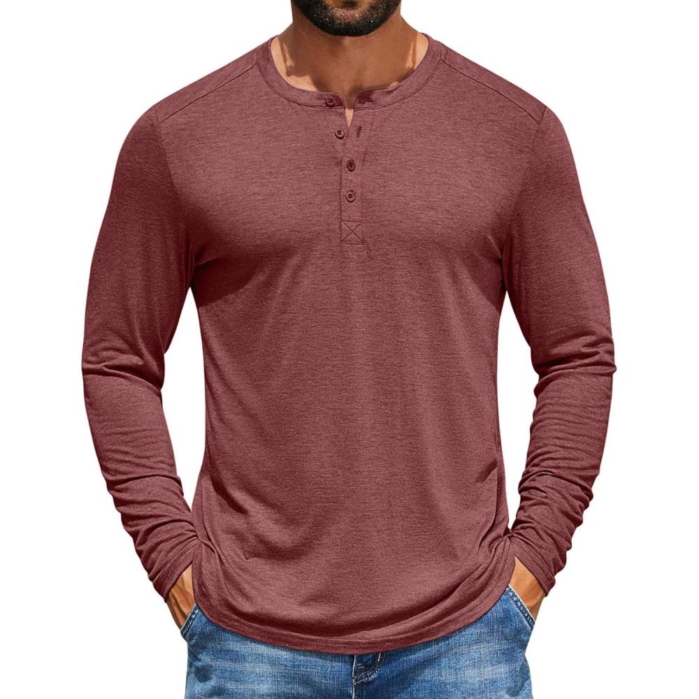 imageCOOFANDY Mens Henley Shirts Long Sleeve TShirt Lightweight Fashion Casual Pullover Tee ShirtWine Red