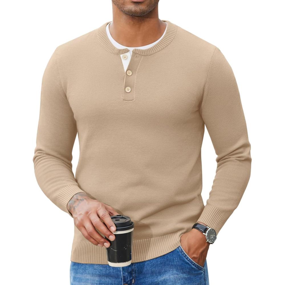 imageCOOFANDY Mens Henley Sweater Long Sleeve Textured Pullover Sweaters Casual Button Crewneck Knit SweaterBeige