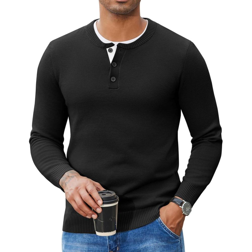 imageCOOFANDY Mens Henley Sweater Long Sleeve Textured Pullover Sweaters Casual Button Crewneck Knit SweaterBlack