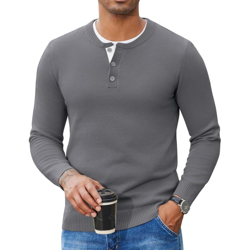 imageCOOFANDY Mens Henley Sweater Long Sleeve Textured Pullover Sweaters Casual Button Crewneck Knit SweaterDark Grey