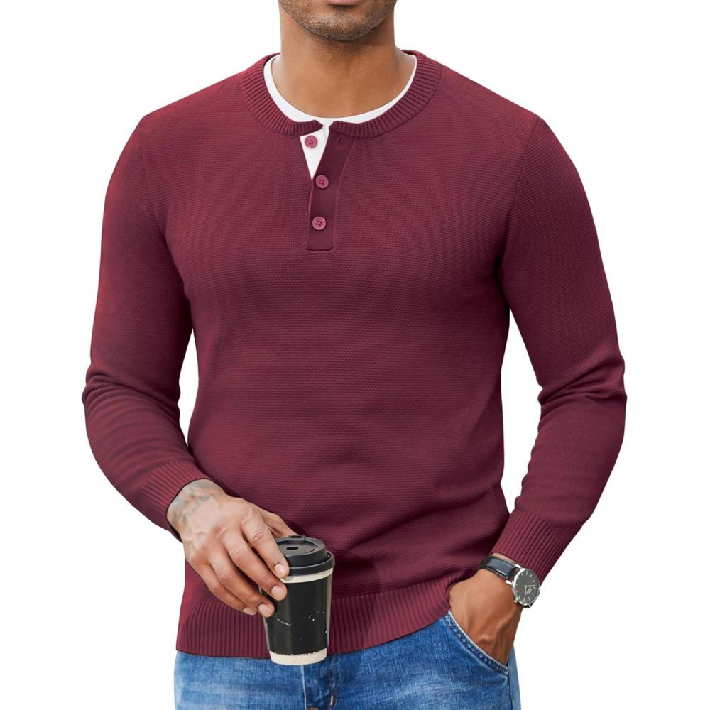 imageCOOFANDY Mens Henley Sweater Long Sleeve Textured Pullover Sweaters Casual Button Crewneck Knit SweaterWine Red