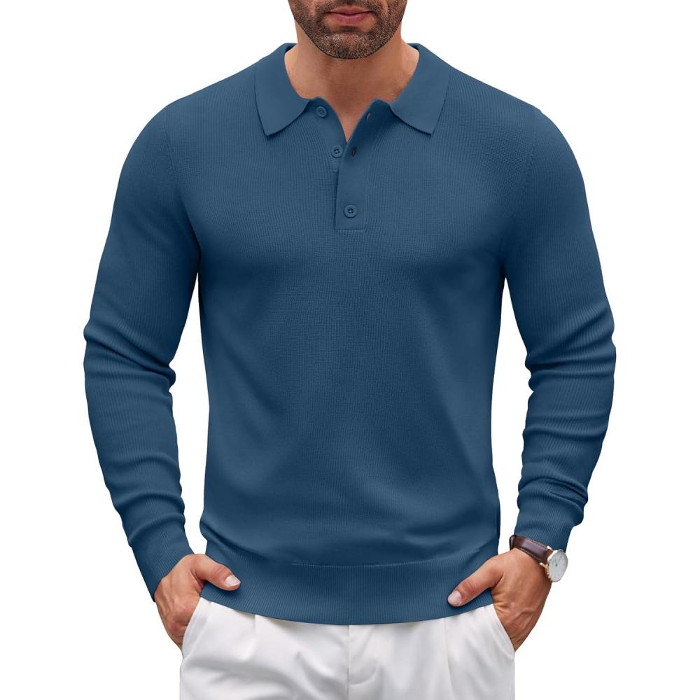 imageCOOFANDY Mens Knit Polo Sweater Long Sleeve Polo Sweaters Casual Knitted Button Collar Pullover SweaterBlue