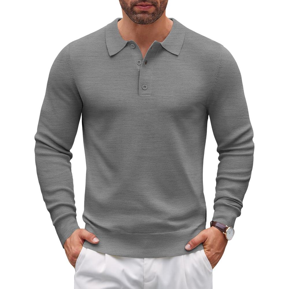 imageCOOFANDY Mens Knit Polo Sweater Long Sleeve Polo Sweaters Casual Knitted Button Collar Pullover SweaterDark Grey