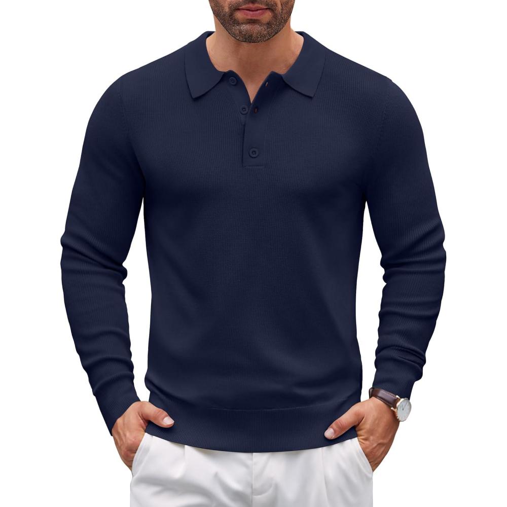 imageCOOFANDY Mens Knit Polo Sweater Long Sleeve Polo Sweaters Casual Knitted Button Collar Pullover SweaterNavy Blue