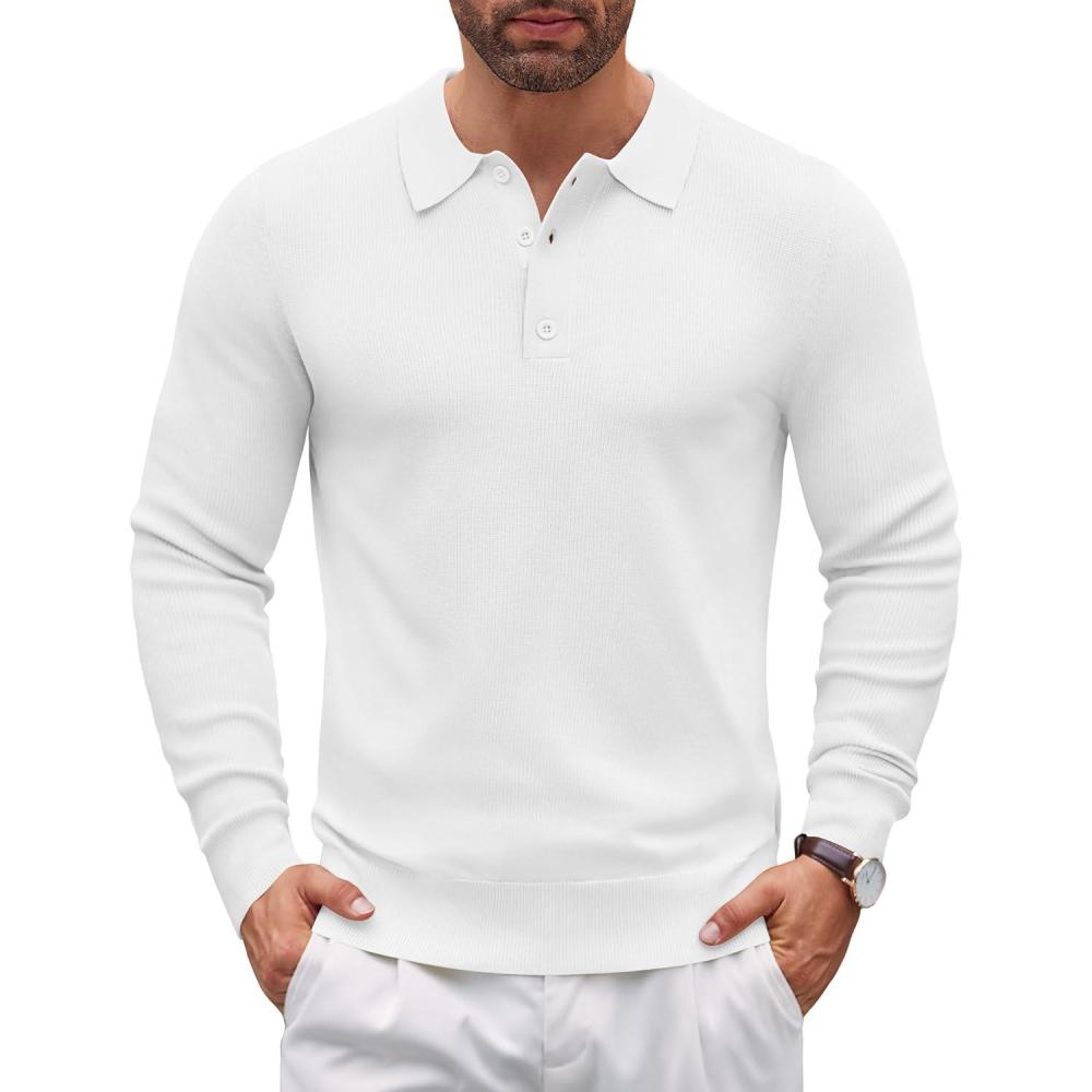 imageCOOFANDY Mens Knit Polo Sweater Long Sleeve Polo Sweaters Casual Knitted Button Collar Pullover SweaterWhite