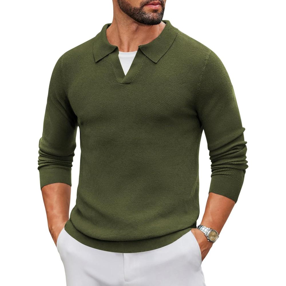 imageCOOFANDY Mens Knit Polo Sweater Long Sleeve VNeck Pullover Sweaters Casual Collared Ribbed Knitted PolosArmy Green