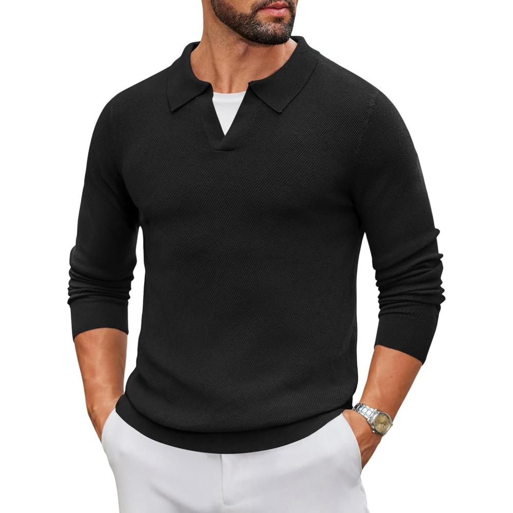 imageCOOFANDY Mens Knit Polo Sweater Long Sleeve VNeck Pullover Sweaters Casual Collared Ribbed Knitted PolosBlack
