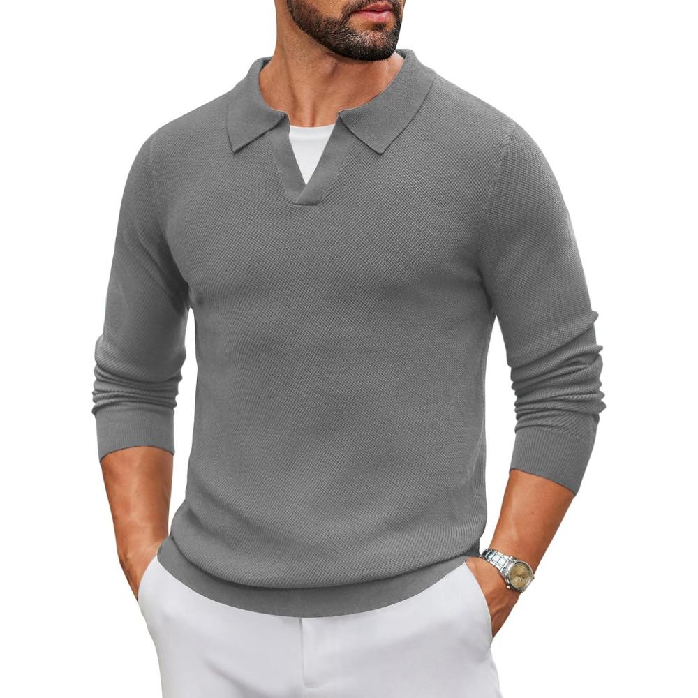 imageCOOFANDY Mens Knit Polo Sweater Long Sleeve VNeck Pullover Sweaters Casual Collared Ribbed Knitted PolosDark Grey