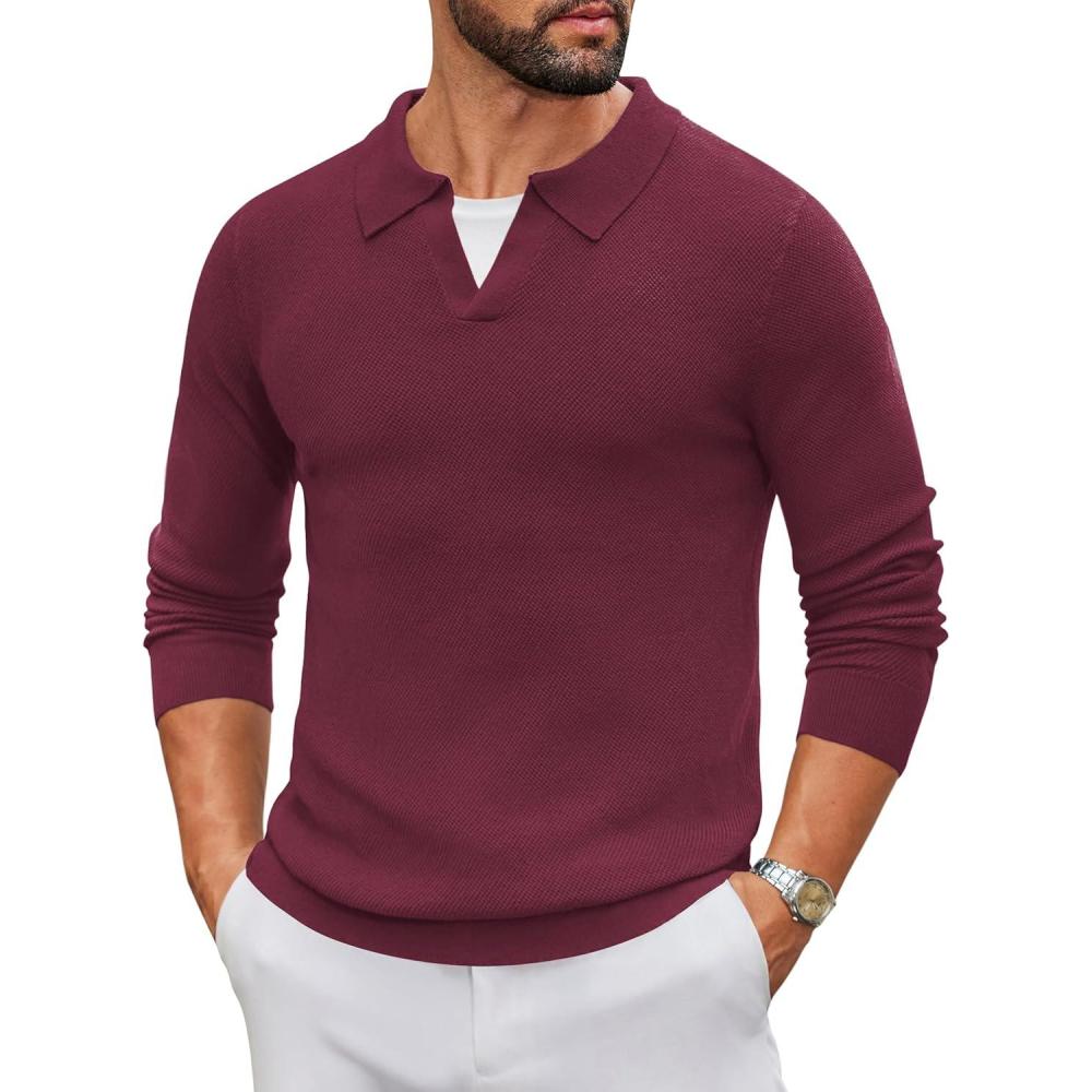 imageCOOFANDY Mens Knit Polo Sweater Long Sleeve VNeck Pullover Sweaters Casual Collared Ribbed Knitted PolosWine Red