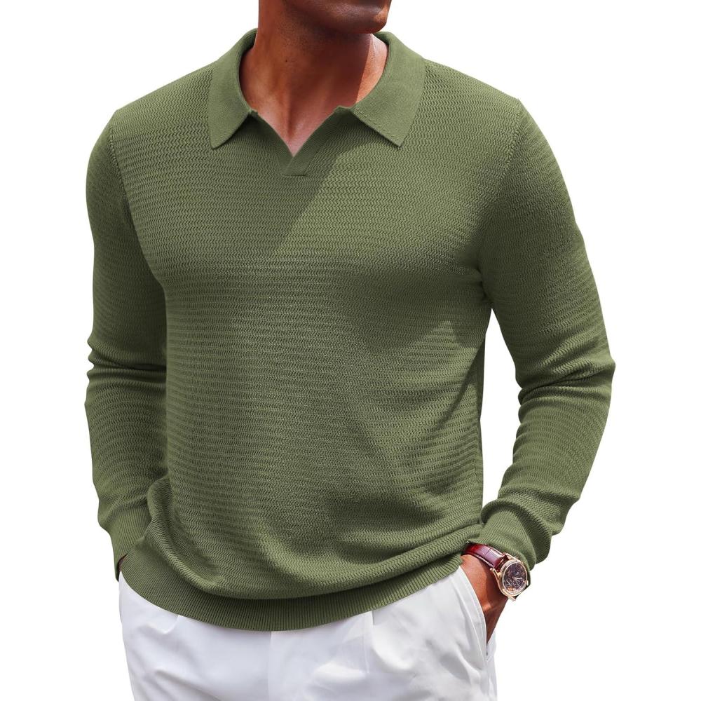 imageCOOFANDY Mens Knit Polo Sweater VNeck Long Sleeve Textured Lightweight Casual Dress Pullover Fall SweatersArmy Green