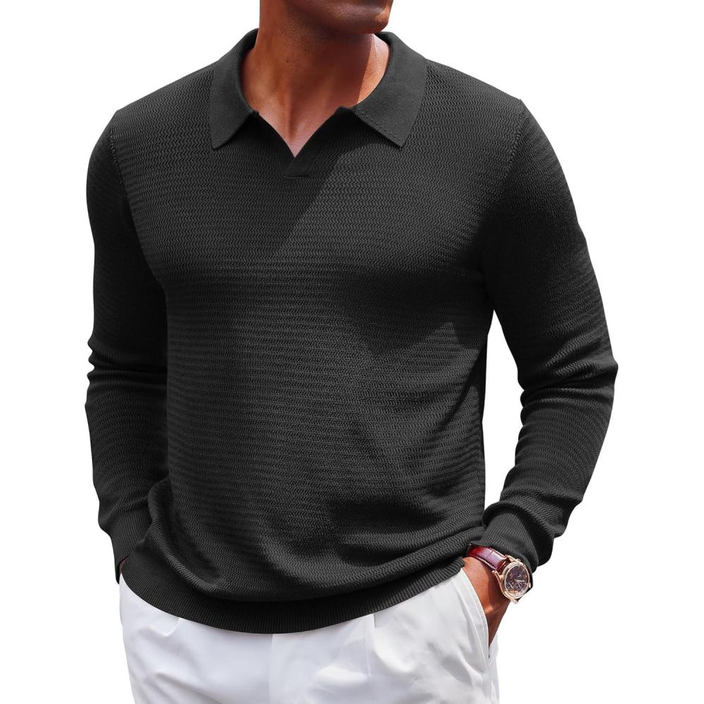 imageCOOFANDY Mens Knit Polo Sweater VNeck Long Sleeve Textured Lightweight Casual Dress Pullover Fall SweatersBlack