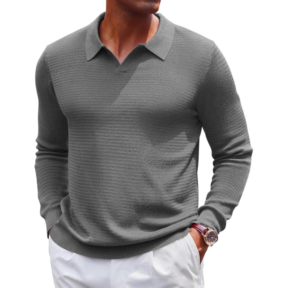 imageCOOFANDY Mens Knit Polo Sweater VNeck Long Sleeve Textured Lightweight Casual Dress Pullover Fall SweatersDark Grey