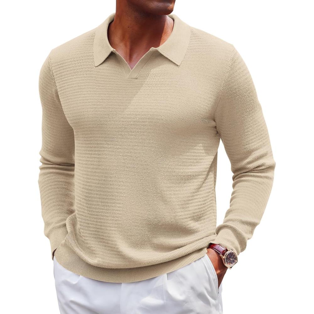 imageCOOFANDY Mens Knit Polo Sweater VNeck Long Sleeve Textured Lightweight Casual Dress Pullover Fall SweatersKhaki