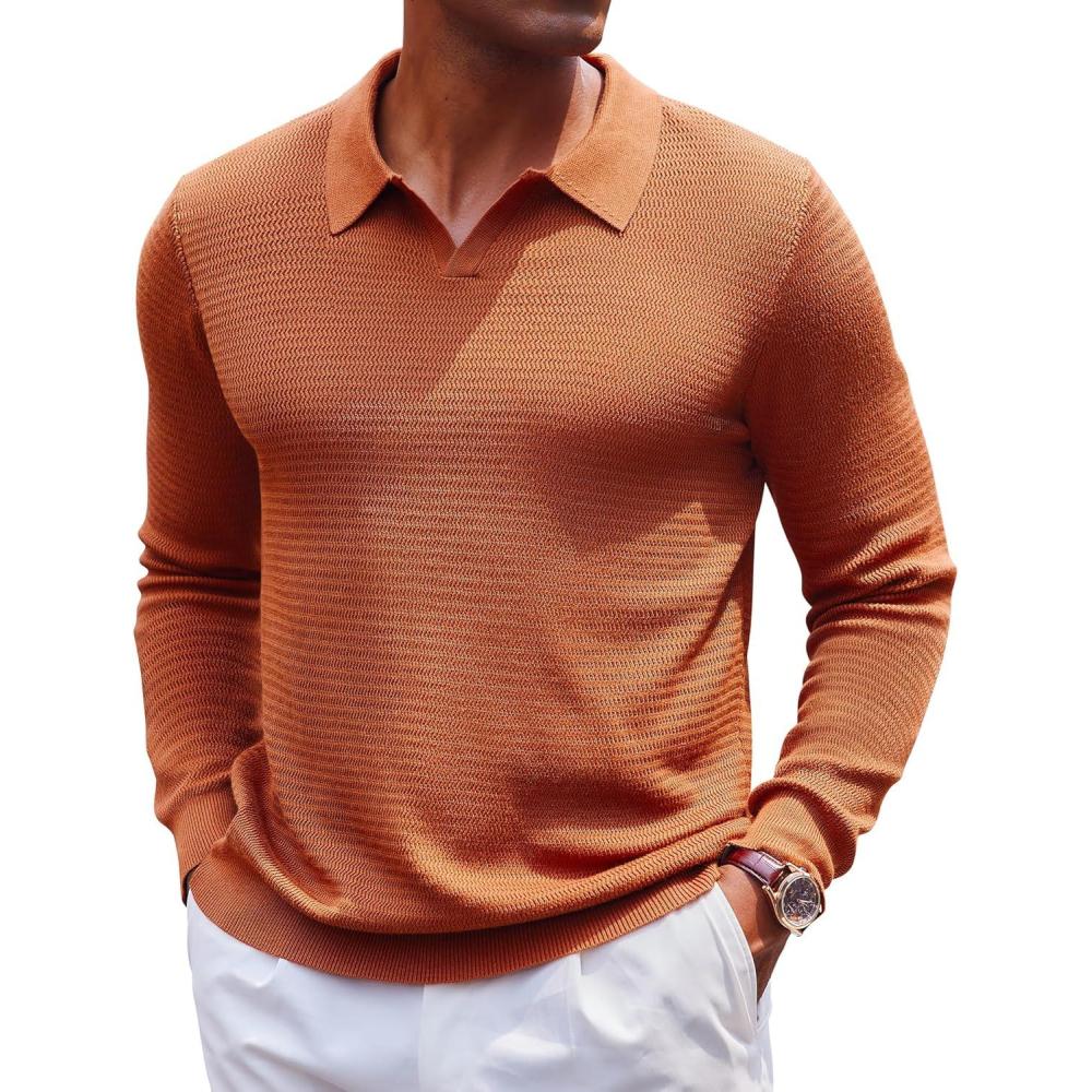 imageCOOFANDY Mens Knit Polo Sweater VNeck Long Sleeve Textured Lightweight Casual Dress Pullover Fall SweatersLight Brown