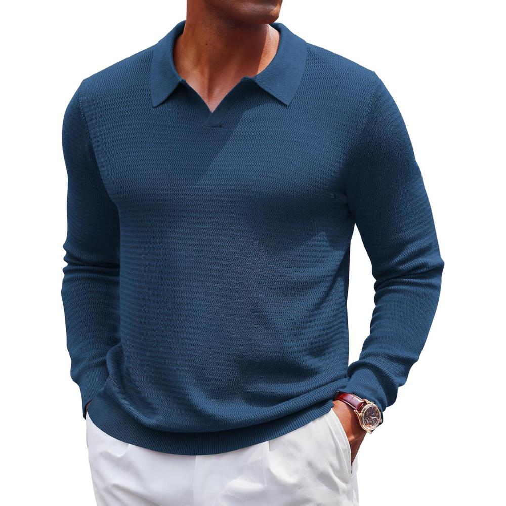 imageCOOFANDY Mens Knit Polo Sweater VNeck Long Sleeve Textured Lightweight Casual Dress Pullover Fall SweatersNavy Blue