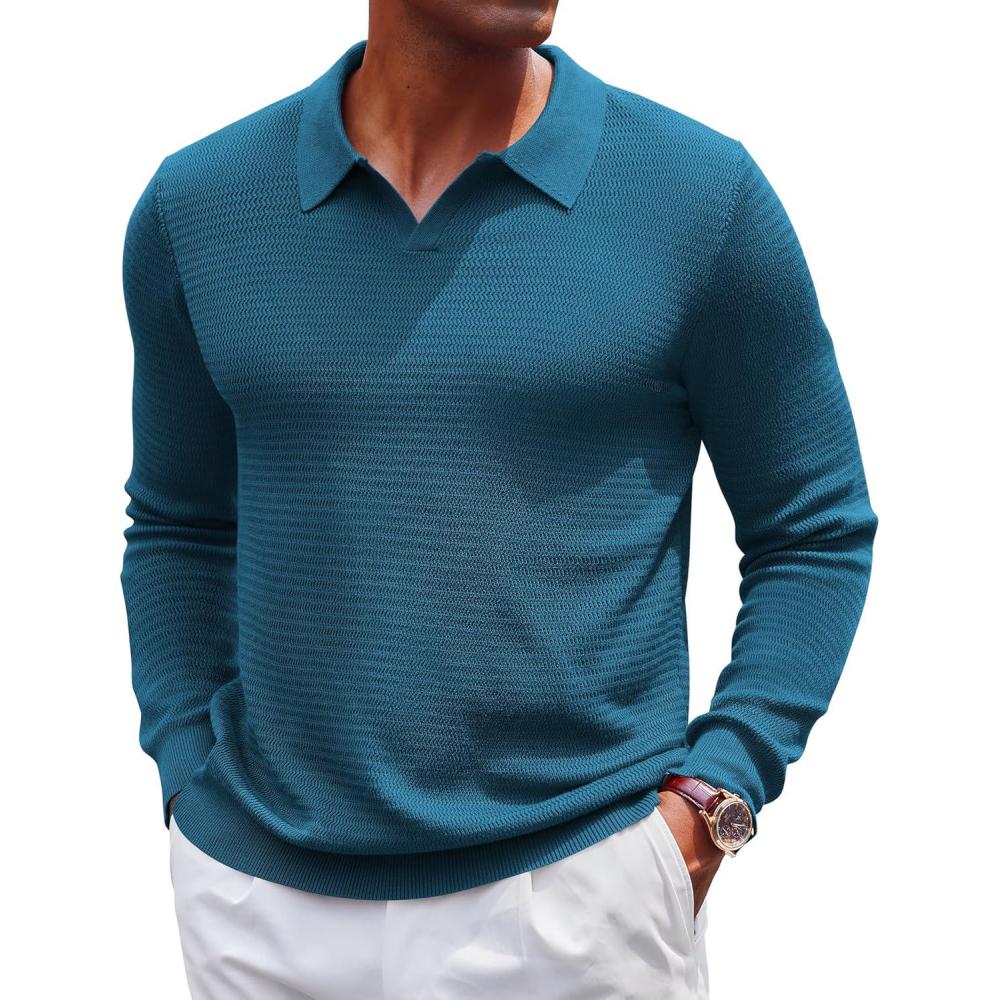 imageCOOFANDY Mens Knit Polo Sweater VNeck Long Sleeve Textured Lightweight Casual Dress Pullover Fall SweatersPeacock Blue