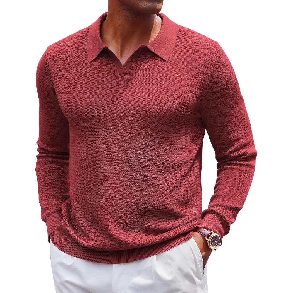 imageCOOFANDY Mens Knit Polo Sweater VNeck Long Sleeve Textured Lightweight Casual Dress Pullover Fall SweatersWine Red