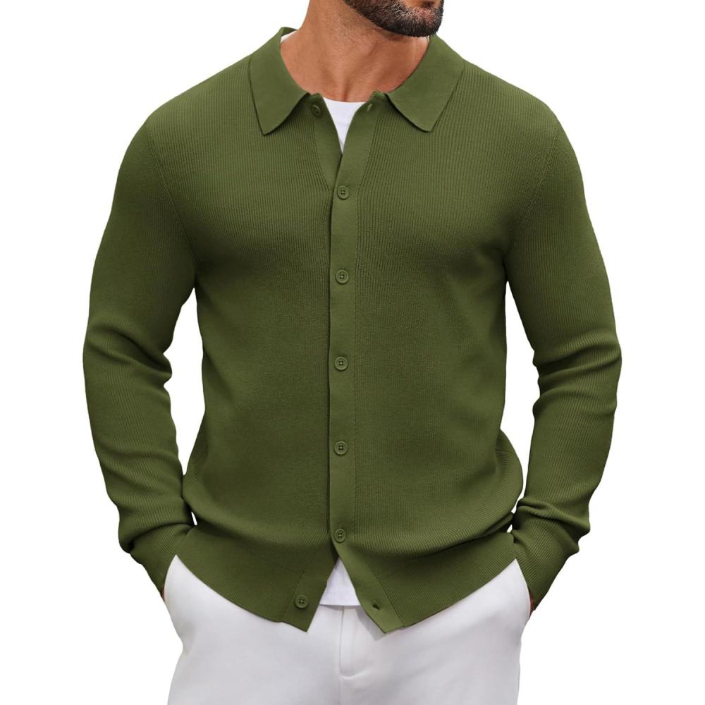imageCOOFANDY Mens Knit Pullover Sweater Long Sleeve Casual Sweater Open Front Ribbed SweaterArmy Green