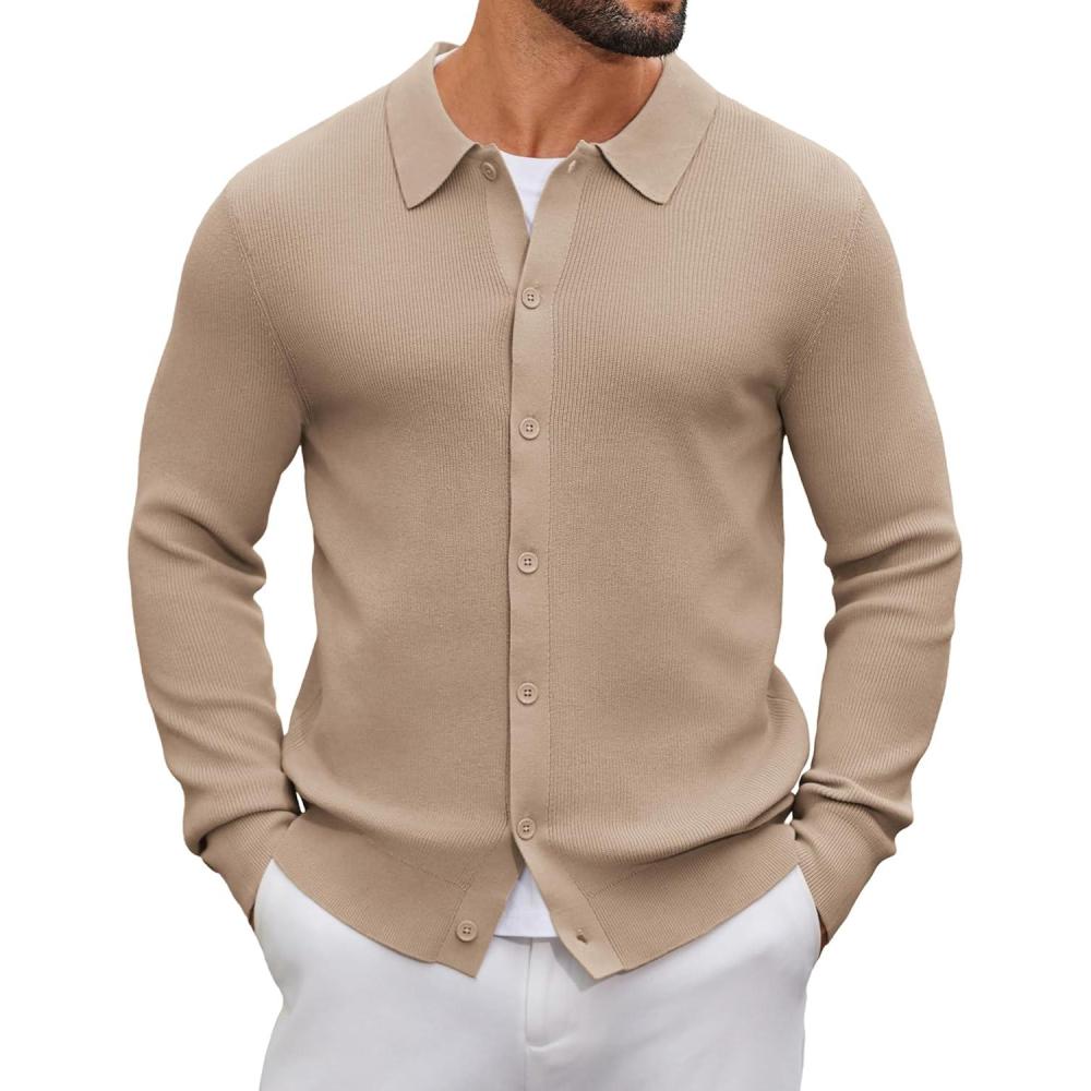 imageCOOFANDY Mens Knit Pullover Sweater Long Sleeve Casual Sweater Open Front Ribbed SweaterDark Khaki
