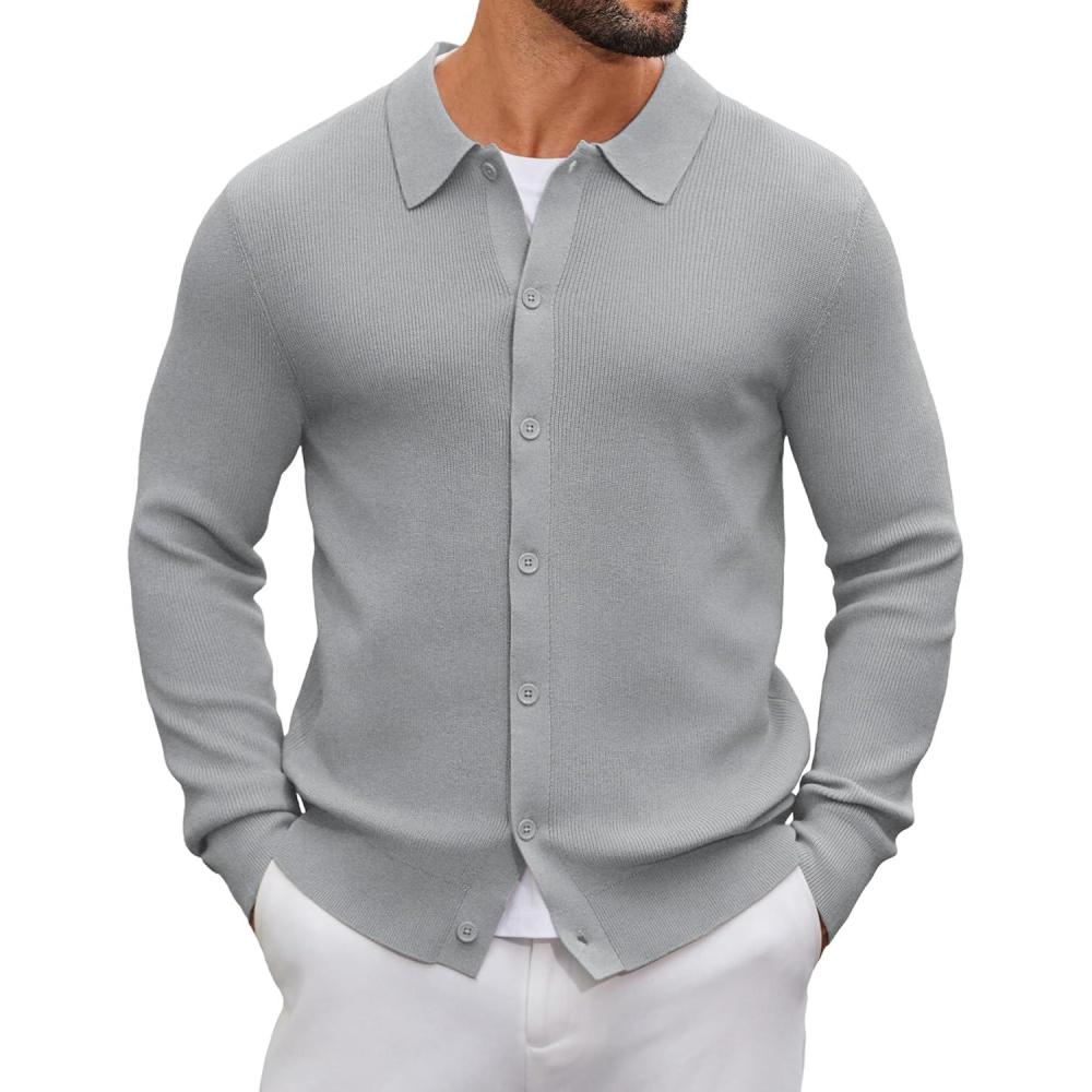 imageCOOFANDY Mens Knit Pullover Sweater Long Sleeve Casual Sweater Open Front Ribbed SweaterLight Gray