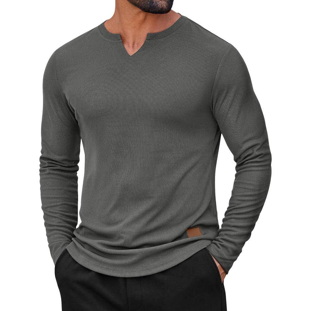 imageCOOFANDY Mens Long Sleeve Muscle T Shirts Casual VNeck Slim Fit Longline Ribbed Shirts Stretch Tee ShirtsDark Grey