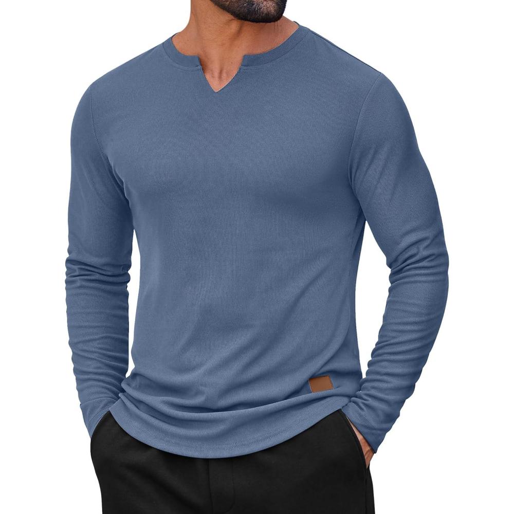 imageCOOFANDY Mens Long Sleeve Muscle T Shirts Casual VNeck Slim Fit Longline Ribbed Shirts Stretch Tee ShirtsGrey Blue