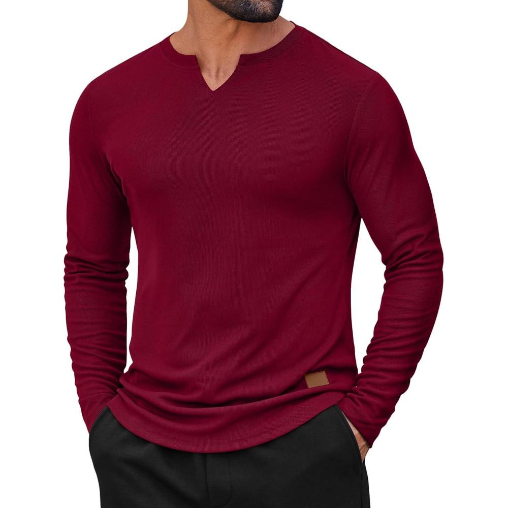 imageCOOFANDY Mens Long Sleeve Muscle T Shirts Casual VNeck Slim Fit Longline Ribbed Shirts Stretch Tee ShirtsWine Red
