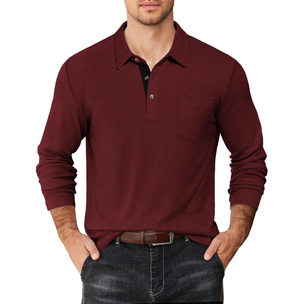 imageCOOFANDY Mens Long Sleeve Polo Shirt Casual Dress Button Polo T Shirt with Pocket Basic Lightweight Collared Golf ShirtRed