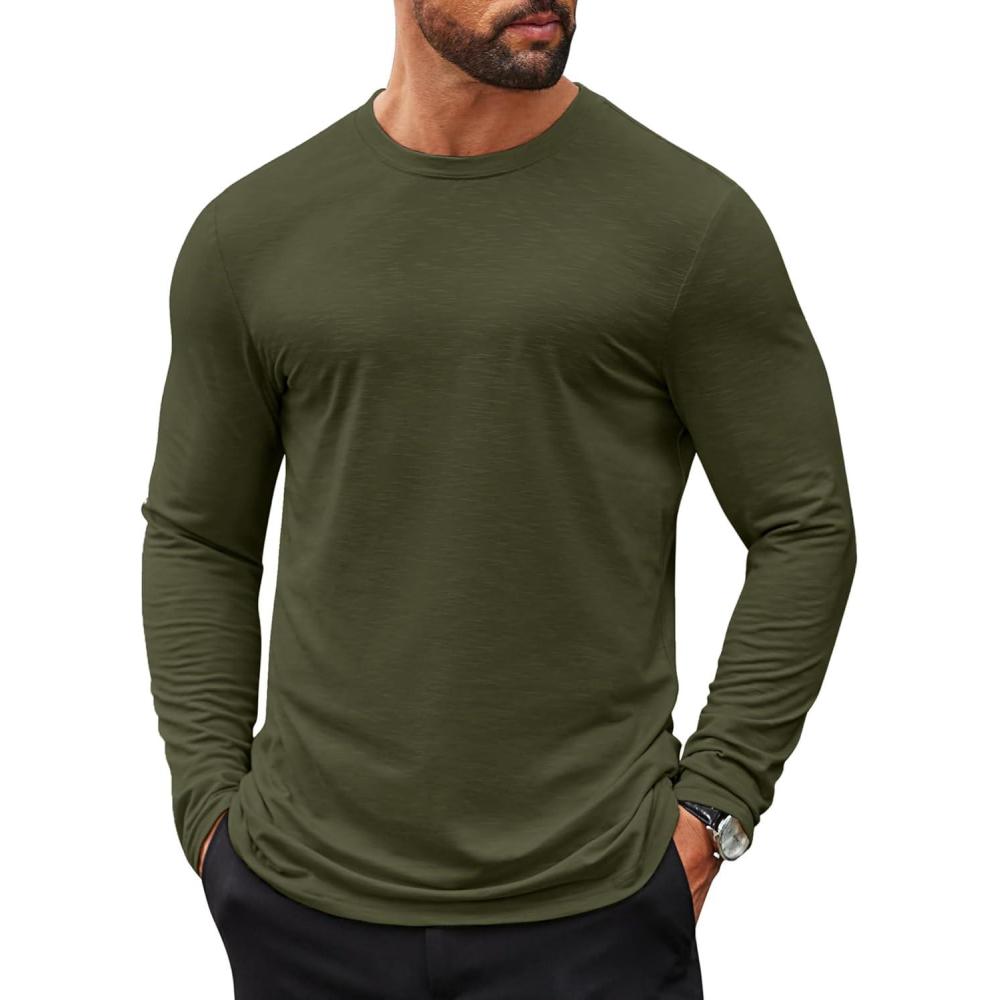 imageCOOFANDY Mens Long Sleeve T Shirts Casual Crew Neck Tee Shirts Lightweight Soft Pullover TopsArmy Green