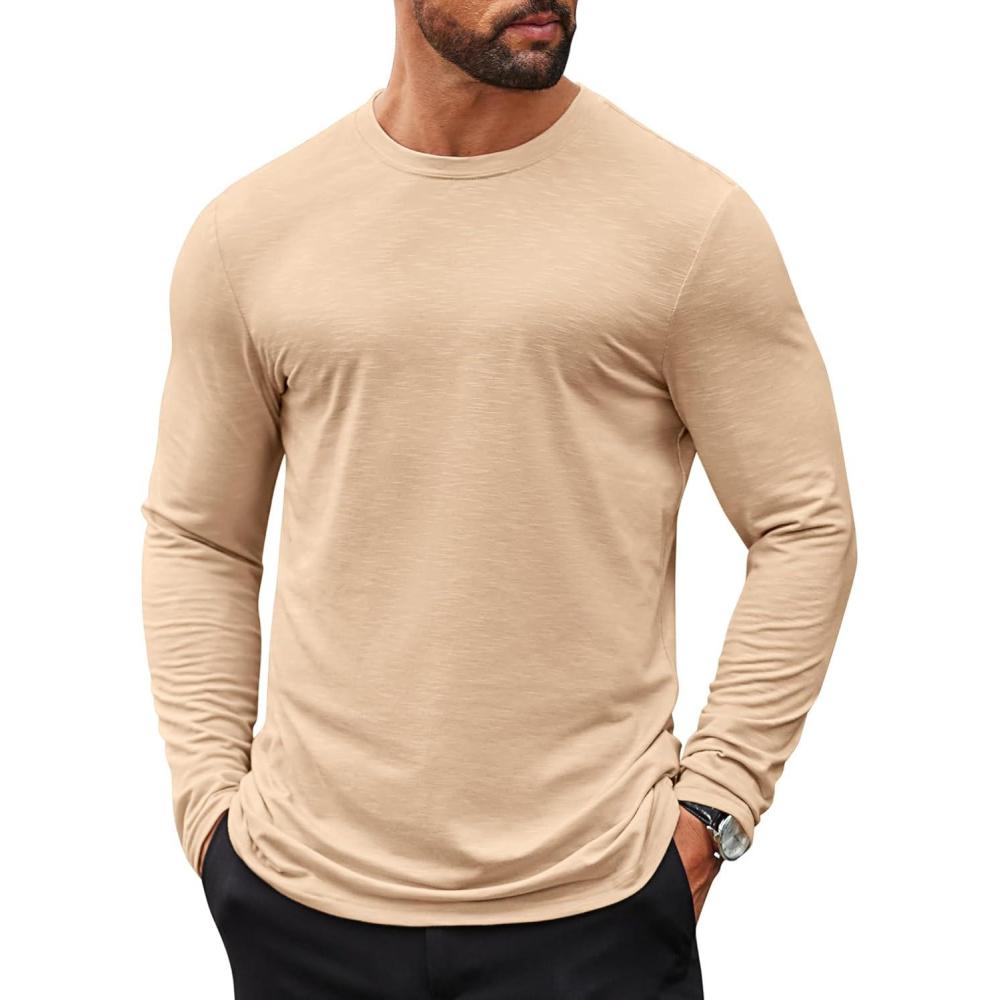 imageCOOFANDY Mens Long Sleeve T Shirts Casual Crew Neck Tee Shirts Lightweight Soft Pullover TopsKhaki