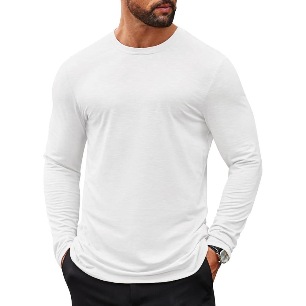 imageCOOFANDY Mens Long Sleeve T Shirts Casual Crew Neck Tee Shirts Lightweight Soft Pullover TopsWhite