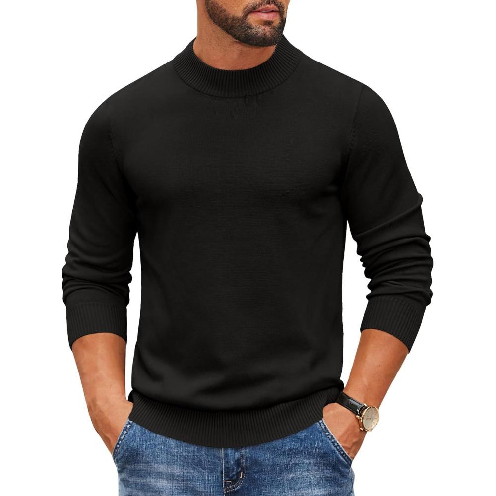 imageCOOFANDY Mens Mock Turtleneck Ribbed Knit Pullover Sweater Casual Lightweight Slim fit Dress SweaterBlack