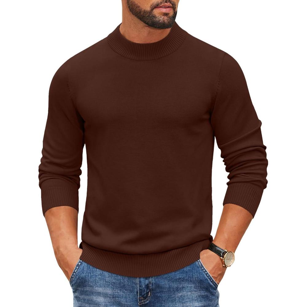 imageCOOFANDY Mens Mock Turtleneck Ribbed Knit Pullover Sweater Casual Lightweight Slim fit Dress SweaterBrown