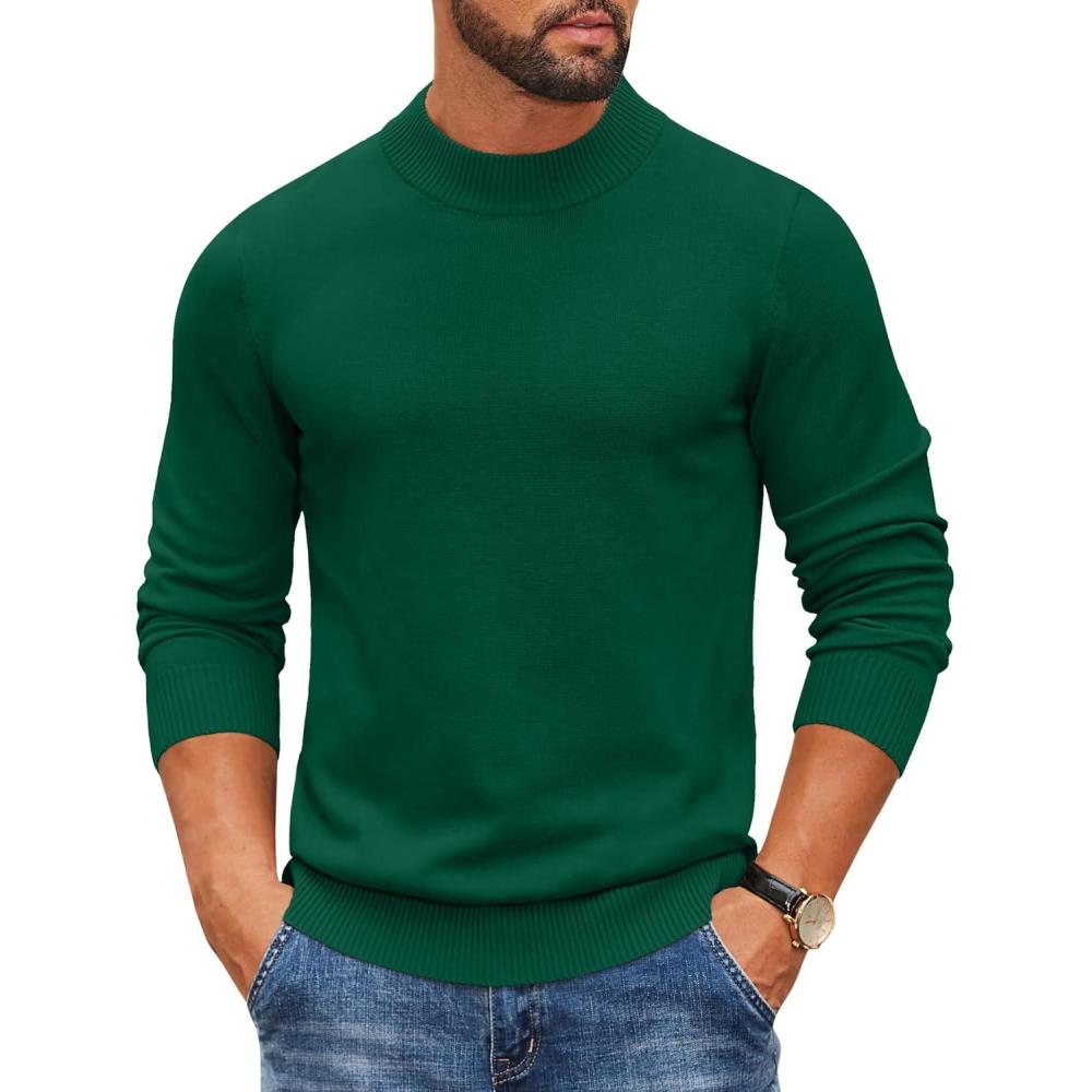 imageCOOFANDY Mens Mock Turtleneck Ribbed Knit Pullover Sweater Casual Lightweight Slim fit Dress SweaterDark Green