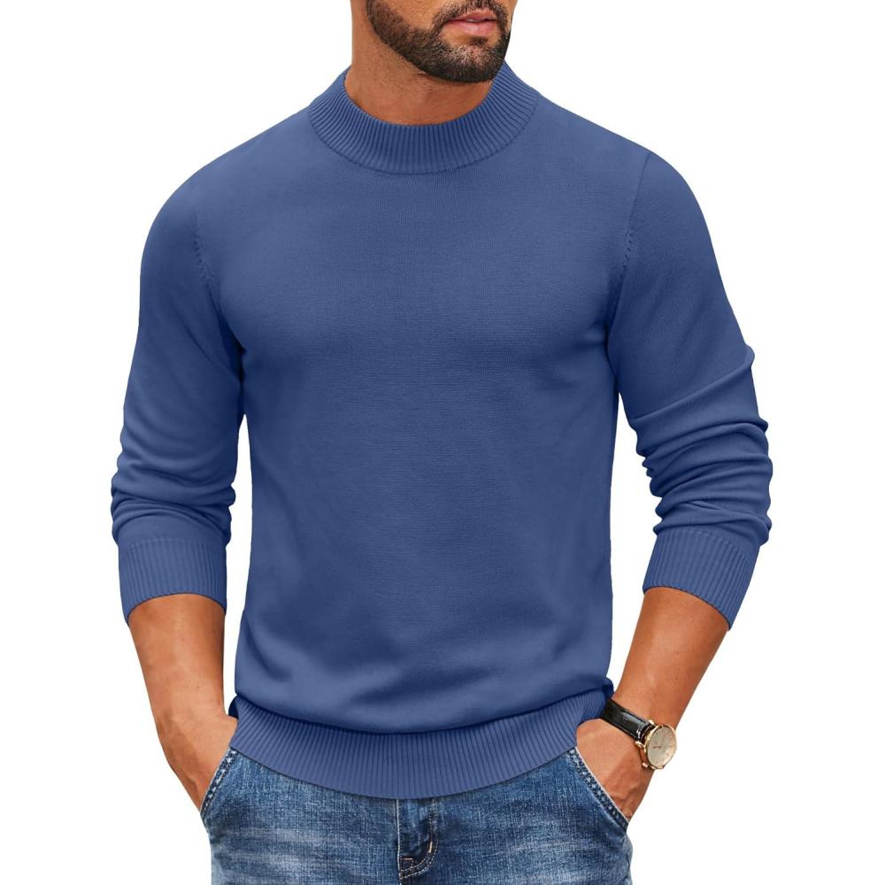 imageCOOFANDY Mens Mock Turtleneck Ribbed Knit Pullover Sweater Casual Lightweight Slim fit Dress SweaterDenim Blue
