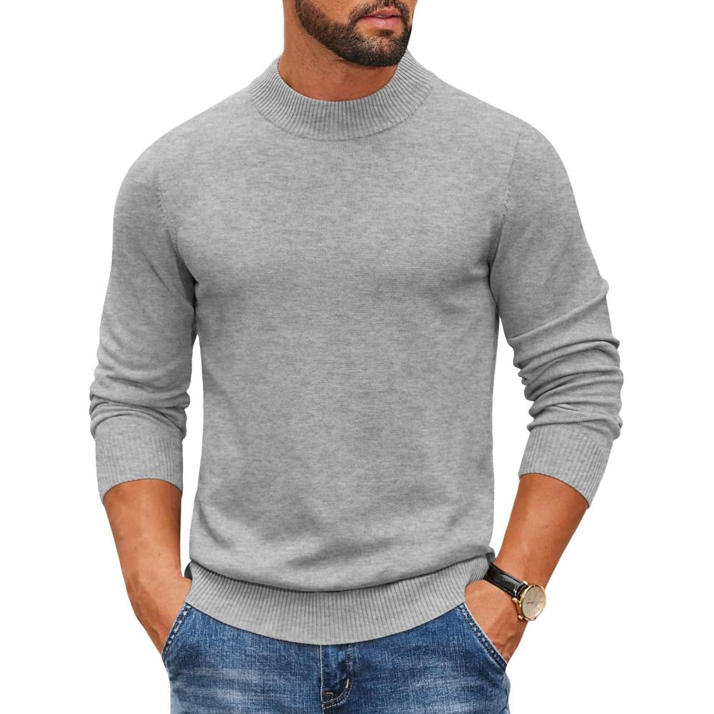 imageCOOFANDY Mens Mock Turtleneck Ribbed Knit Pullover Sweater Casual Lightweight Slim fit Dress SweaterLight Grey